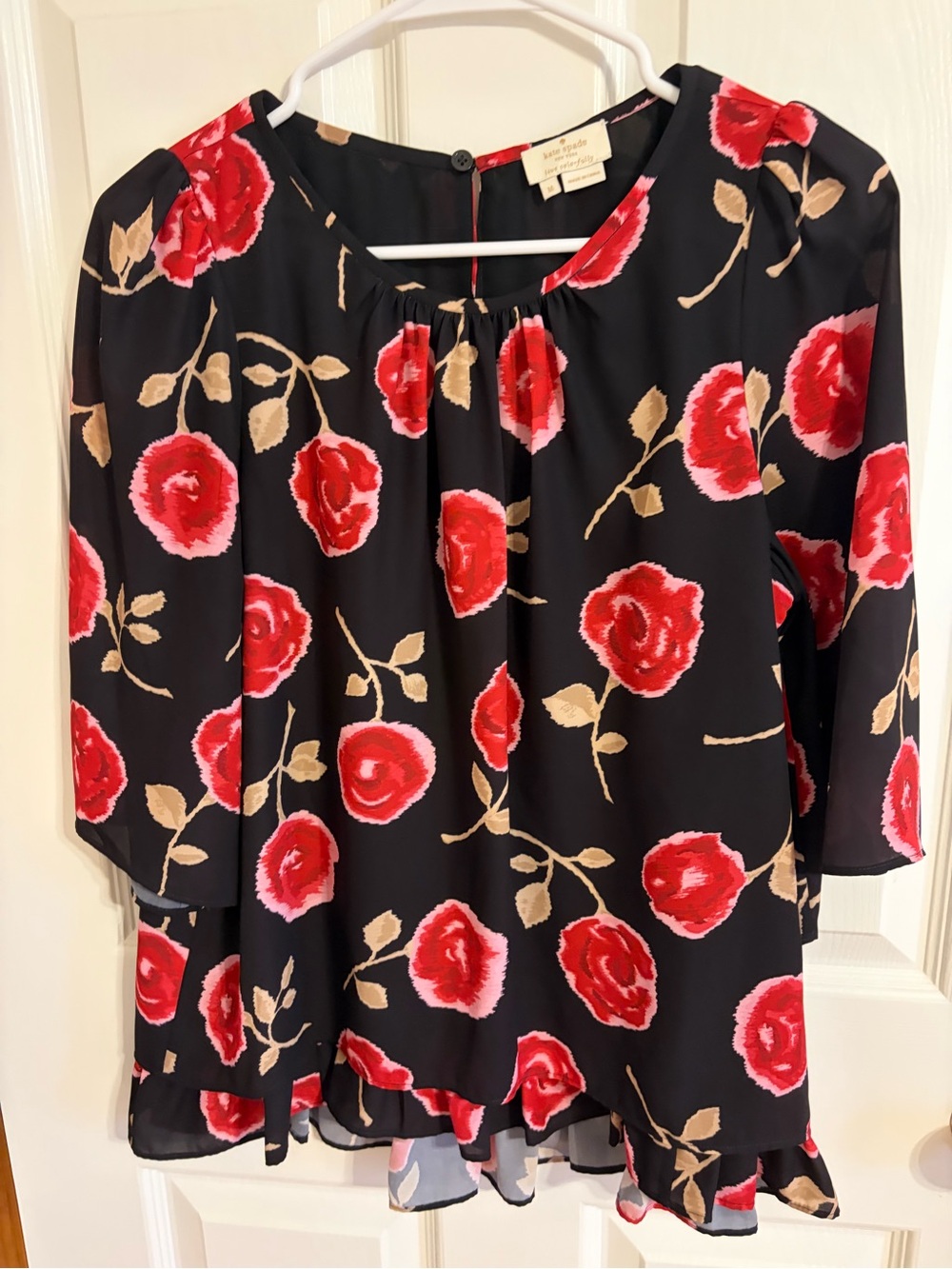 kate spade Black Floral Blouse with Red Rose Print and Tan Leaves
